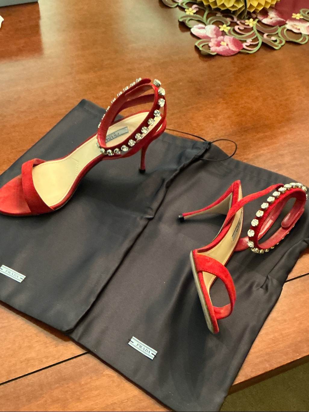 Prada Red Crystal-Ankle Strap Stiletto Heels